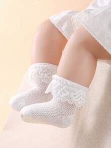 3 Pairs Baby Girls Mid-Calf Lace Princess Socks, Breathable Mesh With Lace Trims, Summer Daily Wear & Wedding Outfits | Baby Socks | Newborn Socks | Toddler Socks