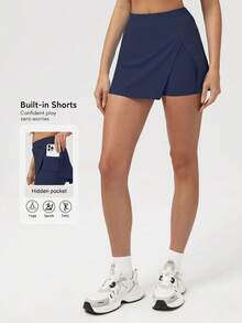 Sodalemon 女士弹性腰部隐形口袋开叉设计网球短裙健身健身房训练运动裙