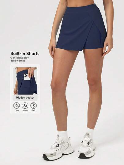 Sodalemon 女士弹性腰部隐形口袋开叉设计网球短裙健身健身房训练运动裙