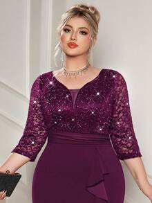 Plus Deep V-Neck Sequin Floral Lace Contrast Ruffle Trim Split Hem Evening Party Bodycon Dress, Semi Formal Wedding Guest Dress, For Birthday, Graduation, Dinner, Homecoming - Màu Tím - Xem 7
