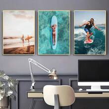 1 件墙壁艺术海报可选框架现代海滩海景波浪冲浪者冲浪印刷海报冲浪板冲浪运动帆布画墙壁艺术图片适用于房间家居装饰 - 彩色 - 查看 5