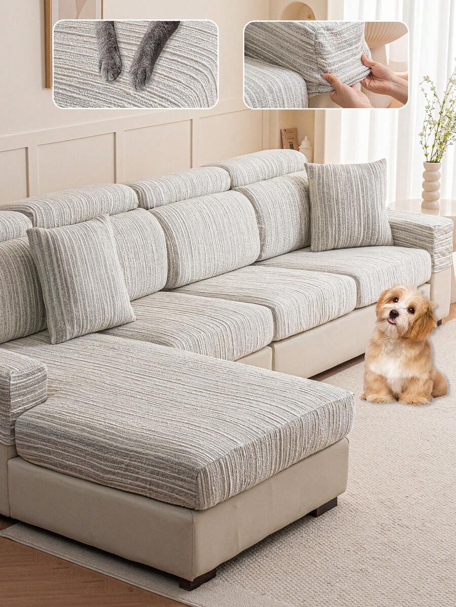 1 件夏季冰丝提花防滑沙发座垫套，柔软亲肤现代简约风格防宠物毛发弹力沙发套，夏季防刮沙发套适用于 L 型组合沙发和 1/2/3/4 座沙发（单独出售） - 灰色 - 查看 1