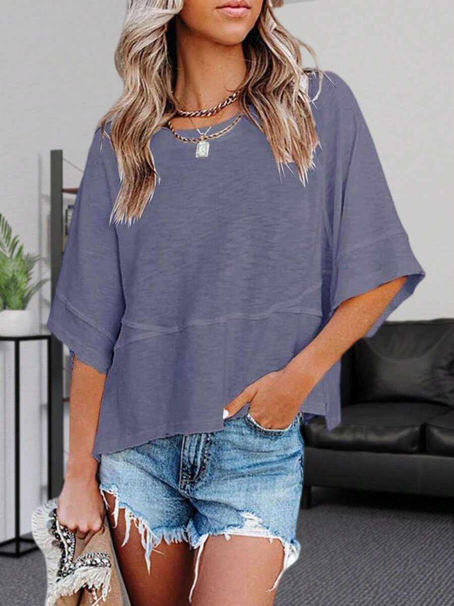 Women's Summer Soft Crewneck Batwing Half Sleeve T-Shirt Solid Color Lightweight Loose Fit Casual Top Christmas Gift & New Year Gift - 藏蓝色 - 查看 1