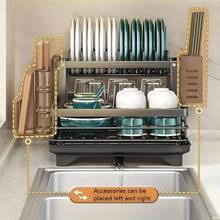 Double-Layer Dish Drying Rack - 1pc Kitchen Sink Dish Drainer With Detachable Bowl Rack, Multifunctional Storage And Drainage, Sink Countertop Cup Holder Black - Black - View 7