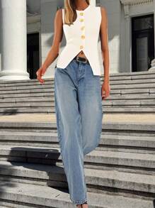 Chaleco de punto elegante y de moda para mujer, de unicolor, sin mangas, con cuello redondo, abierto por delante, con botones metálicos vintage, para uso en el trabajo