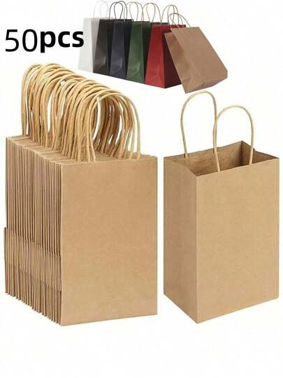 50pcs Kraft Paper Bags With Handles, Plain Color Paper Gift Bags Suitable For Gift Packaging, Takeout, Beverages, Desserts, Baking, Cakes, Candies, Festival Party Gifts