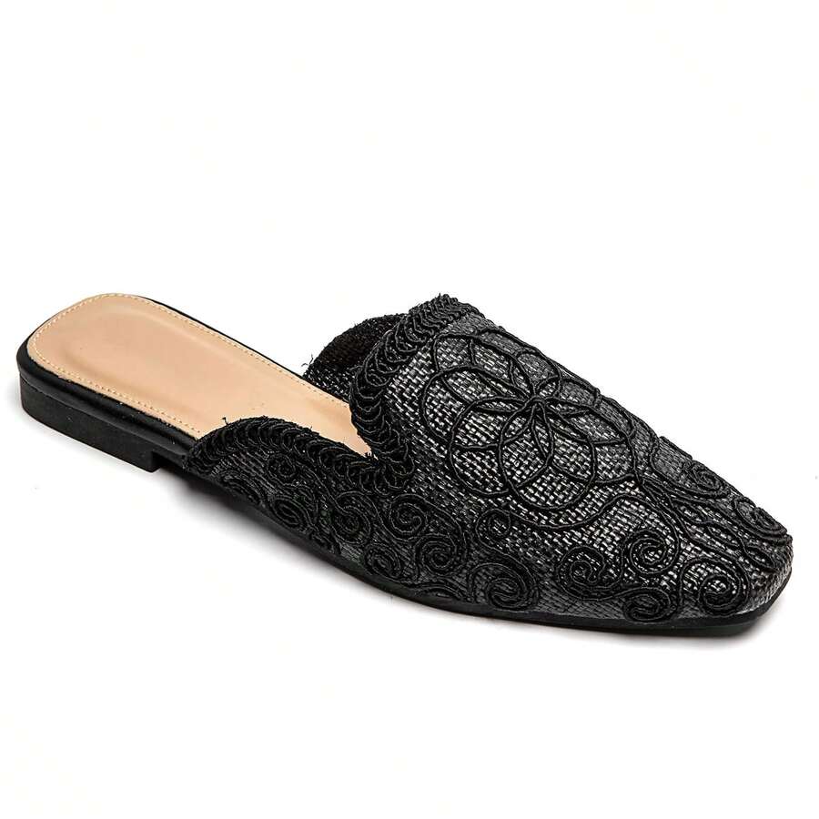 Mules Plates Brodées Motif Floral Et Spirale - BLACK2260 - View 1