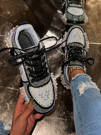 2025年秋冬 レディース ファッショナブルなレースアップスニーカー、グリッターカラーブロック、マルチカラーオプション、滑り止めカジュアル アウトドアウォーキングシューズ