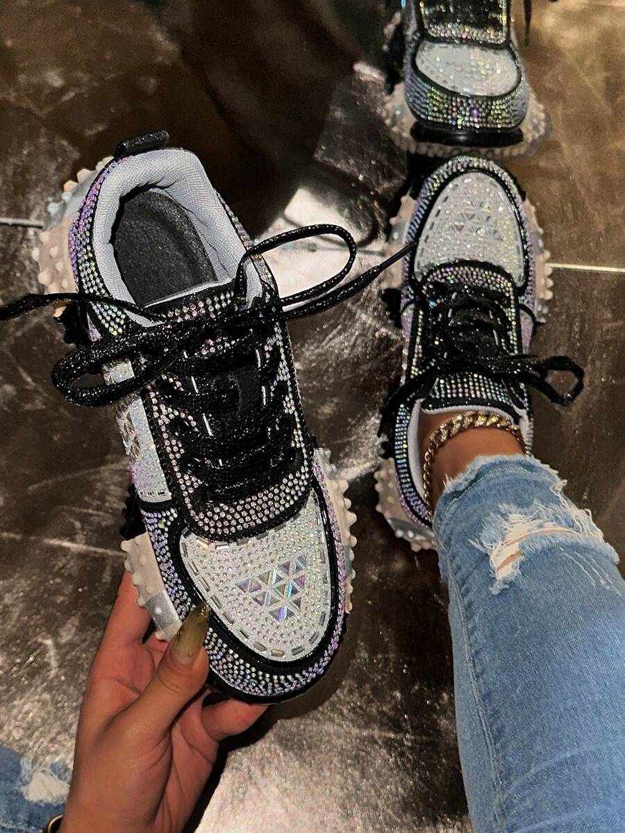 2025秋冬女士时尚系带运动鞋，亮片色块，多色可选，防滑休闲户外步行鞋