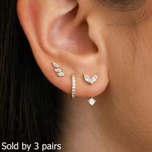 Bộ 3 đôi/6 chiếc khuyên tai vòng nhỏ đính đá Zirconia hình lá tinh xảo dành cho nữ, mạ vàng 18K, đính sụn độc đáo, có thể điều chỉnh, trang sức xỏ khuyên - Bộ bông tai 6 chiếc - Xem 10