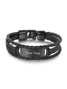 Personalized Men's Leather Carved Bracelet, Customizable Text, Minimalist Layered Woven Bangle, Birthday Gift, Father's Day, Wedding, Christmas Present For Him, Dad, Boyfriend