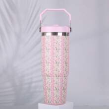 1pc Floral Stainless Steel Vacuum Insulated Travel Mug, Large Capacity Outdoor Cup