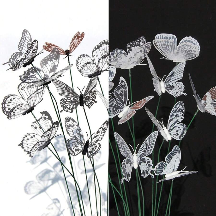 10 Pack Vintage-Style Black & White PVC Waterproof Garden Stakes - Realistic Butterfly Decor For Weddings, Outdoor Home Decor, No Electricity Needed, Wedding Decorations | Rustic Charm | Decoration