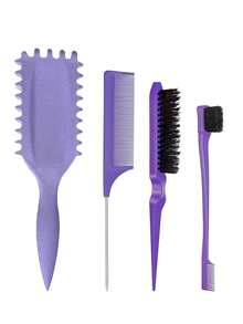 4件套卷发刷套装，包含侧刷、鼠尾梳和双头梳。适合男士、女士和儿童，适用于所有发质，卷发丰盈梳，日常美发造型工具，顺发梳 - 彩色 - 查看 3