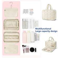Travel Toiletry Bag With Jewelry Organizer, Hanging Travel Bag For Toiletries, Puffy Makeup Cosmetic Bag Organizer, Carry-On Travel Accessories Essentials - Màu be - Xem 2