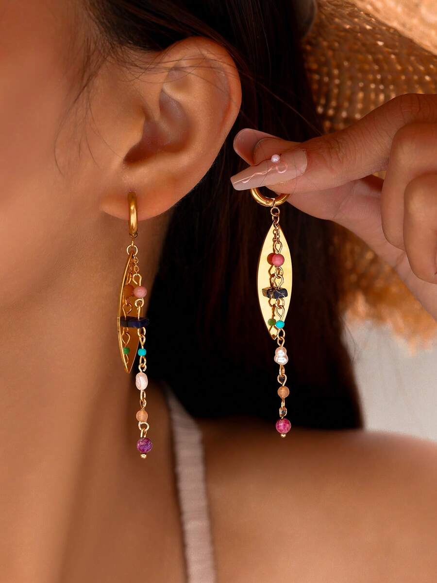 1 Pair Handmade Beaded Natural Stone & Faux Pearl Earrings, Stainless Steel With Plating, Waterproof & Fade-Resistant, Bohemian Resort Style Fashion Jewelry