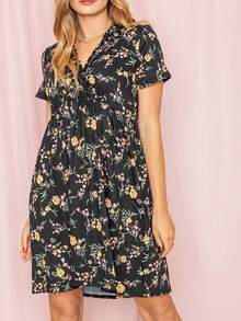 Boho Retro Sage Navy Pink Black Ditsy Floral Surplice Deep V Neck Band Waist Shirring Soft Swing Dress Small To 3 XL Plus - 黑色碎花 - 查看 1
