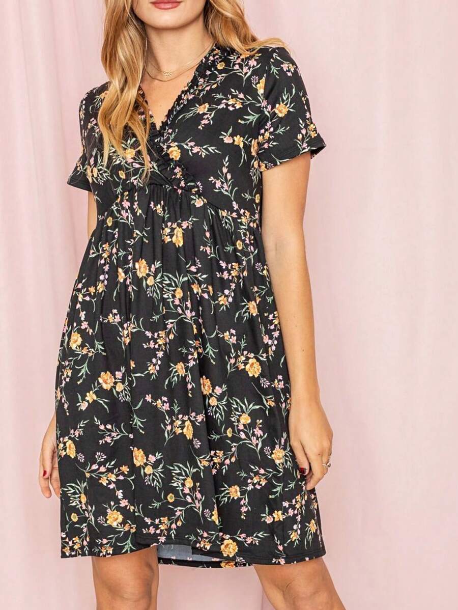 Boho Retro Sage Navy Pink Black Ditsy Floral Surplice Deep V Neck Band Waist Shirring Soft Swing Dress Small To 3 XL Plus - 黑色碎花 - 查看 1
