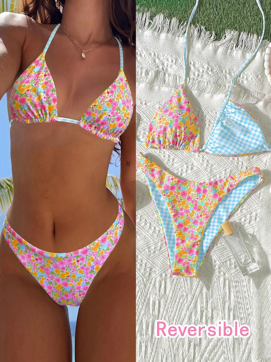 女士印花比基尼泳衣沙滩套装，黄色格子图案，夏季度假套装