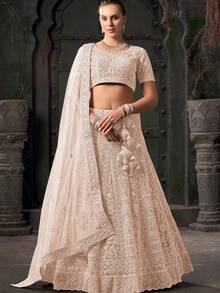Designer Bridal Chikoo Cream Lehenga Choli With Zarkan Mirror Work - Chickoo Cream - View 1