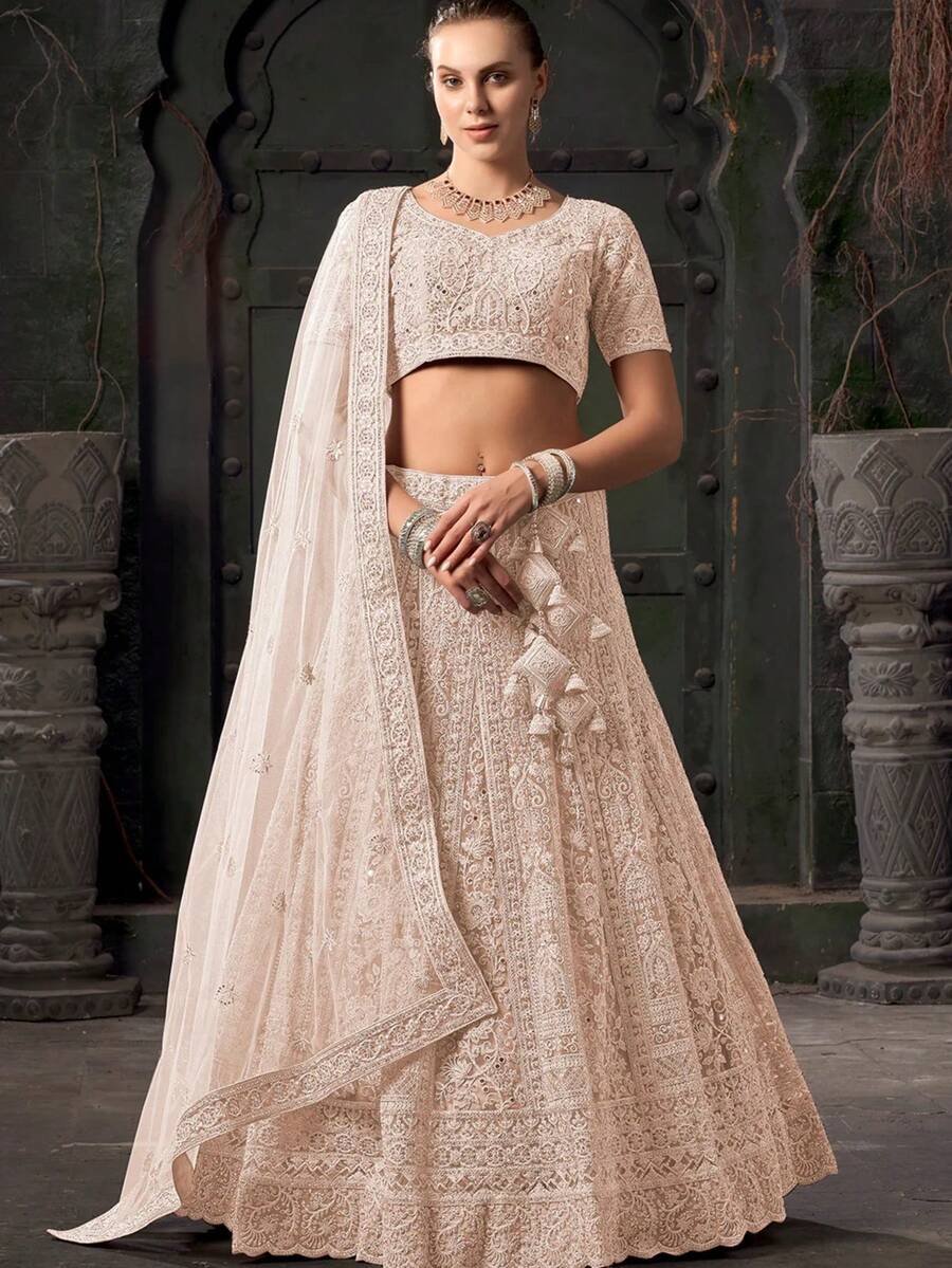 Designer Bridal Chikoo Cream Lehenga Choli With Zarkan Mirror Work - Chickoo Cream - View 1