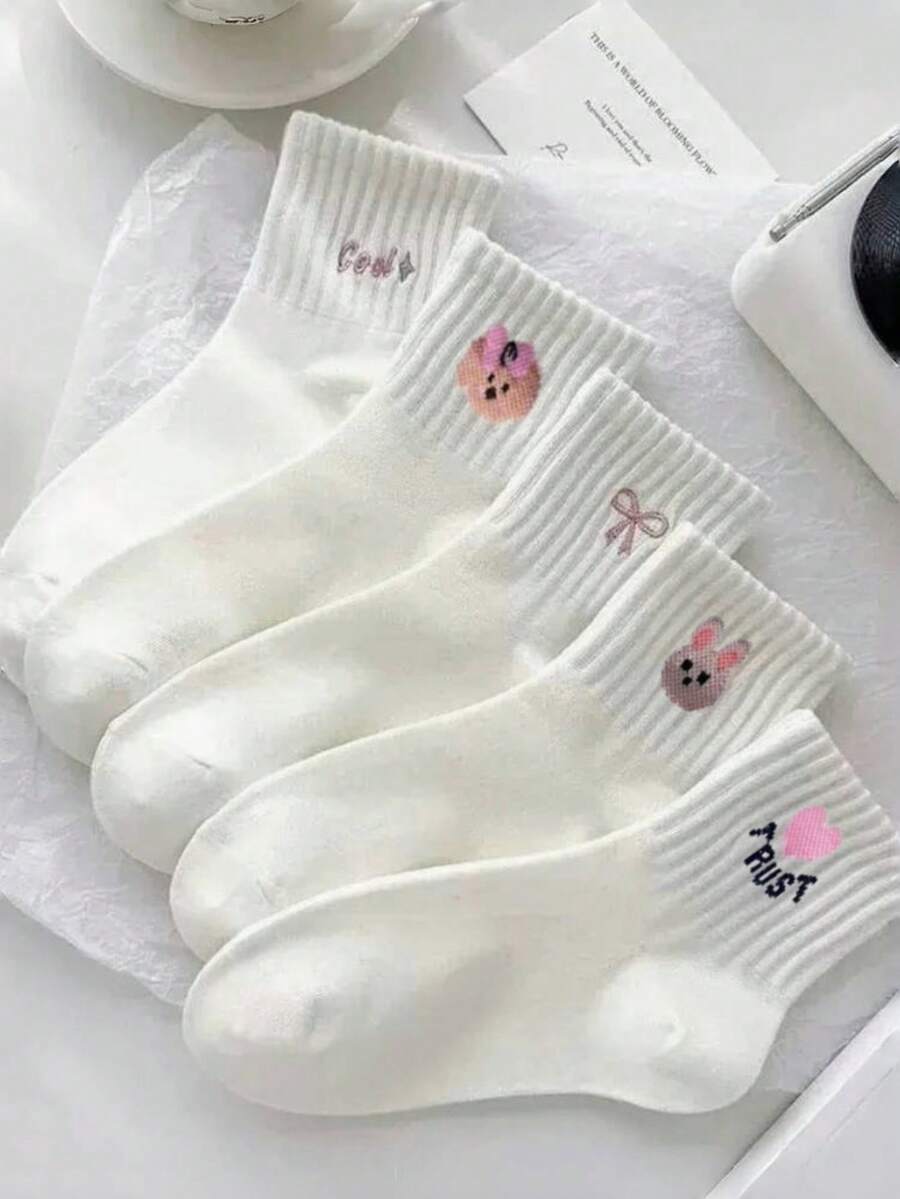 5 Pairs Women's New Cute Cartoon Bow & Heart Pattern Breathable Versatile Short Socks, Spring/Summer - Multicolor - View 1