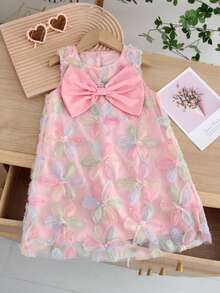 Girls' Casual Fashion Big Bow Embroidered Tank Dress, Summer - Pink - View 1