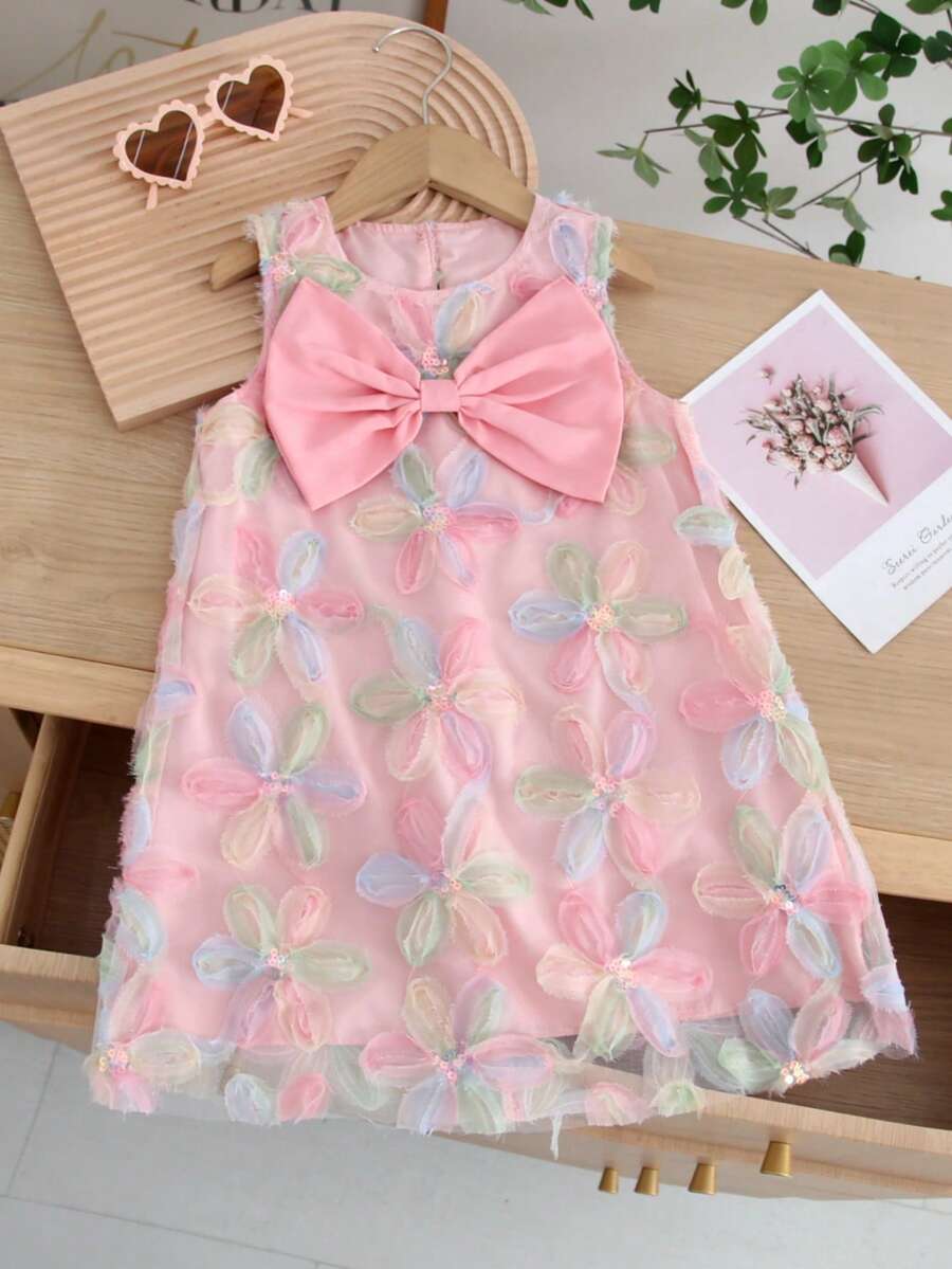 Girls' Casual Fashion Big Bow Embroidered Tank Dress, Summer - Pink - View 1