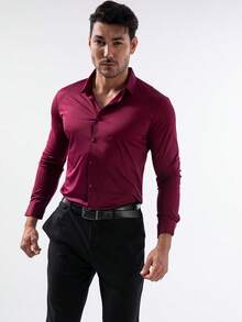 Traceless Knitted High-Elastic Iron-Free Men's Shirt Long-Sleeved Plain Top Stretch Ice Silk Business Casual High-End Men's Shirt Material 88% Polyester 12% Spandex Fabric Gram Weight 160g Single-Piece Pack - 酒紅色 - 查看 2