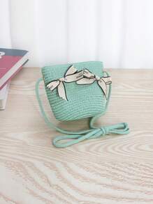 1 pieza Bolso de paja cruzado con lazo estilo princesa lindo para niñas, atuendo de princesa para usar en la playa y el día a día