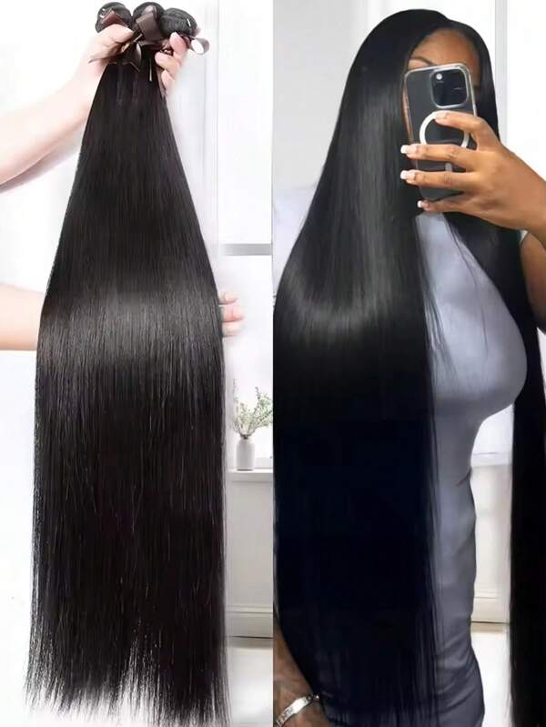 HJ WEAVE BEAUTY Tissage en lot de 4 extensions de cheveux brésiliens vierges Remy lisses, couleur naturelle, qualité vison 12A, à coudre, à double trame, sans perte