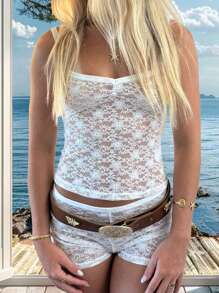Women Summer 2 Piece Outfits Set See Through Floral Lace Crop Camisole Top Elastic Shorts Sets For Loungewear Soft Streetwear