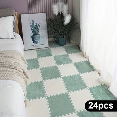 12/24/48pcs Interlocking Plush Foam Mats - Soft, Washable, Anti-Slip, And Anti-Fall Puzzle Floor Tiles For Indoor Use - Machine Made, Low Pile, Braided, And Patchwork Design With Plaid Pattern