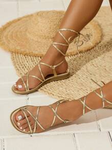 Women Flat Sandals, Summer New Vacation Lace-Up Casual Roman Shoes, Ladies Beach Flat Shoes
