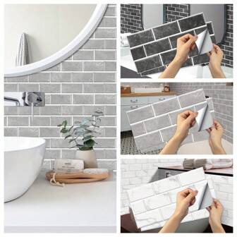 12 Sheets Imitation Classic Black/White /Gray Tile Wall Sticker Wallpaper, Home Decorations For Living Rooms And Bedrooms, Wall Decor Bathroom Waterproof Peel And Stick Backsplash Tile Stickers Vinyl Wallpaper Kitchen Oil Resistant Tile Decals