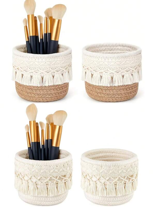 1 Stück handgemachter, boho-stil einzigartiger Make-up Pinselhalter - zweifarbiger, handgewebter kosmetik Aufbewahrungskorb mit Quasten, leicht, hypoallergen, ohne Montage - geeignet für Pinsel & Desktop Organisation, Ständer für Schönheitsutensilien | Geflechtdesign | leichter Korb, Make-up Pinsel Organizer, mehrere Farben erhältlich