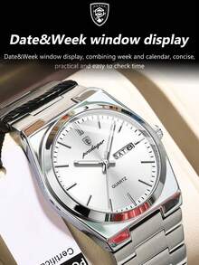 POEDAGAR 1pc Fashionable Waterproof Luminous Stainless Steel Men's Watch With Date & Day Display, Casual Quartz Wristwatch For Men, Men's Watch + Gift Box