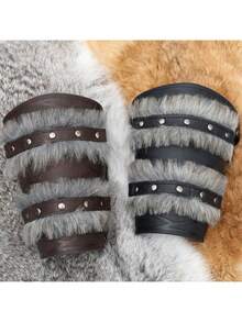Nordic Viking Barbarian Arm Guards, Medieval Artificial Fur Gauntlets, Vintage Faux Leather Bracers For LARP Halloween - A - View 2