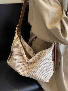 Fashionable Summer Straw Woven Bag Simple Vintage Chain Zipper Shoulder Bag, Beige, Holiday Essentials,Perfect For Travel, Vacation, Holiday & Beach, Eye-Catching Beach Bag Summer, Summer Straw Beach Bag For Women - Multicolor - View 3