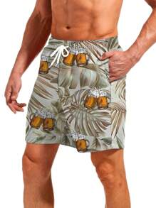 3 piezas Shorts de playa de verano para hombre con cordón, con estampados de hojas y cervezas de moda, ideales para vacaciones en la playa, hawaianos
