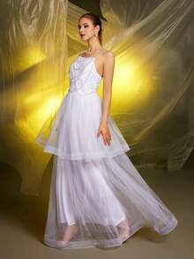 White Spaghetti Strap Sequin & Beaded Net Patchwork Wedding Dress Gown - White - View 5