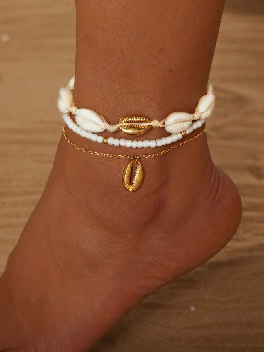 3pcs Beach Ocean Resort Style Gold Starfish, Shell, Pearl, Beads Charm Anklet Set, Fashion Versatile Summer - Multicolor - View 1