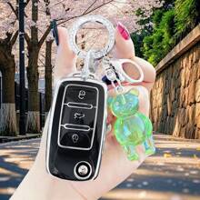 TPU Textured Pink Car Key Fob Cover/Rhinestone & Pink Bear Exquisite Collision/Sweet Style: Rhinestone Keychain & Pink Purple Bear Key Companion/Street Fashion Style! Rhinestone Key Accessory, Blue Bear Super Attractive Suitable For Polo Tiguan Passat B5 B6 B7 Golf 4 5 6 MK6 Jetta Lavida//A Folding 3 Buttons/Lamando/Dedicated/Superb/Lavida/Cómemeck/Xinrui Exclusive, Ideal Gift For Valentine's Day
