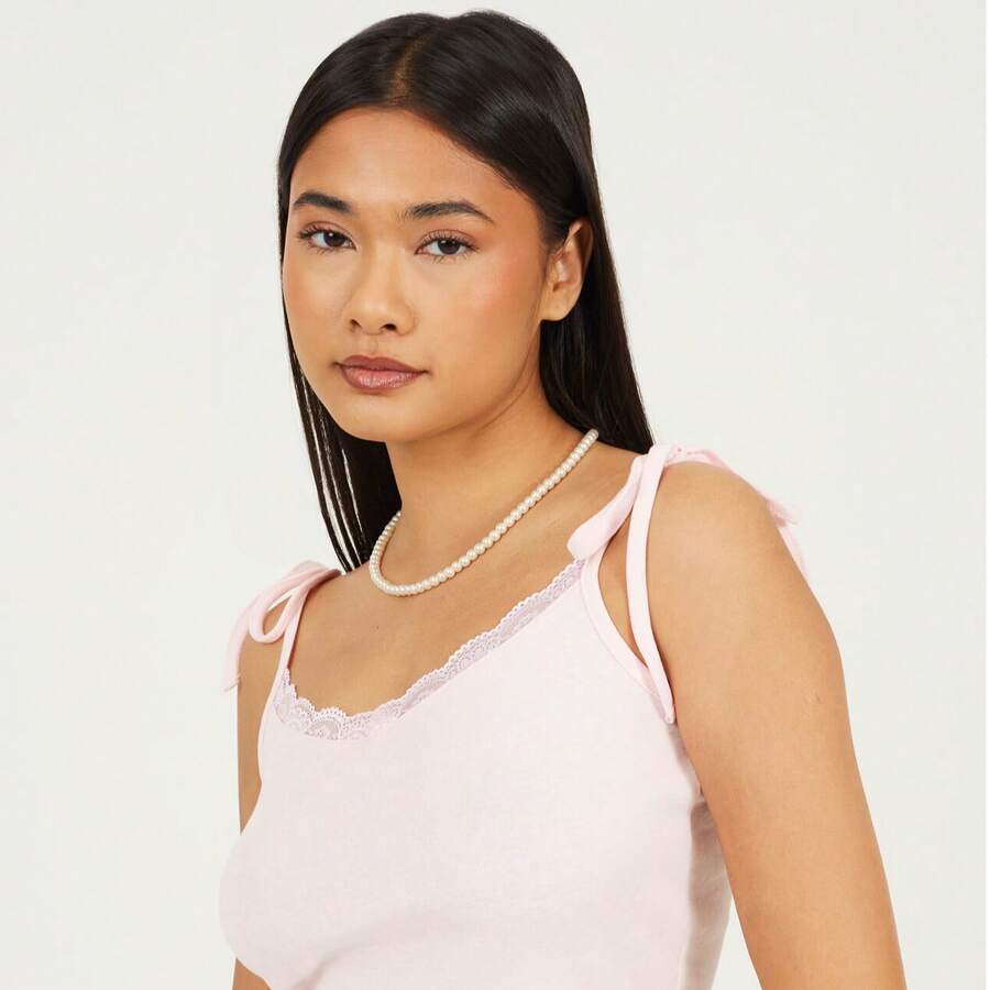 brave soul Tie Strap Vest With Lace Detail - Hồng - Xem 1