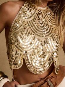 Women Halter Top, Tie-Up Sleeveless Tops Backless Sequined Summer Vest For Club Party - 金色 - 查看 1