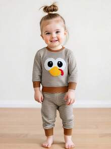 Toddler Girls Boys Halloween Outfits Pumpkin/Ghost/Tree/Turkey Embroidery Sweatshirts And Long Pants 2Pcs Clothes Set - Brown - View 3