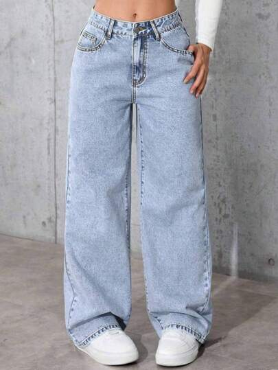Teen Girls' Fashionable Versatile Solid Color Pocketed Denim Wide Leg Pants
