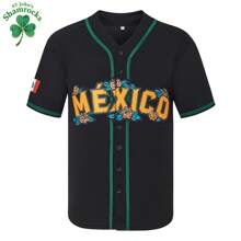 Kekambas Mexico Guadalupe Embroidered Baseball Jersey,Men's Gift,Button Short Sleeve Sports Jersey,Loose Breathable Soft Comfort V-Neck Top Jersey Men