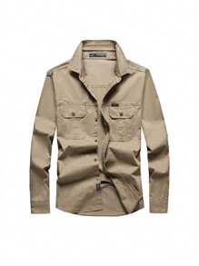 Camisa de manga larga slim fit para hombre para exteriores, chaqueta casual de trabajo de bolsillos múltiples para primavera y otoño, combina bien con jeans