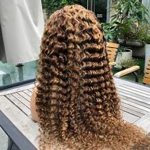 Peluca frontal de encaje de cabello humano con onda profunda, densidad del 250%, 13x4 HD, cabello humano color 4/27 ombre miel rubio para , con cabello humano rizado y frontal de encaje previamente desbastado con bebé cabello - Mechas - Ver 7